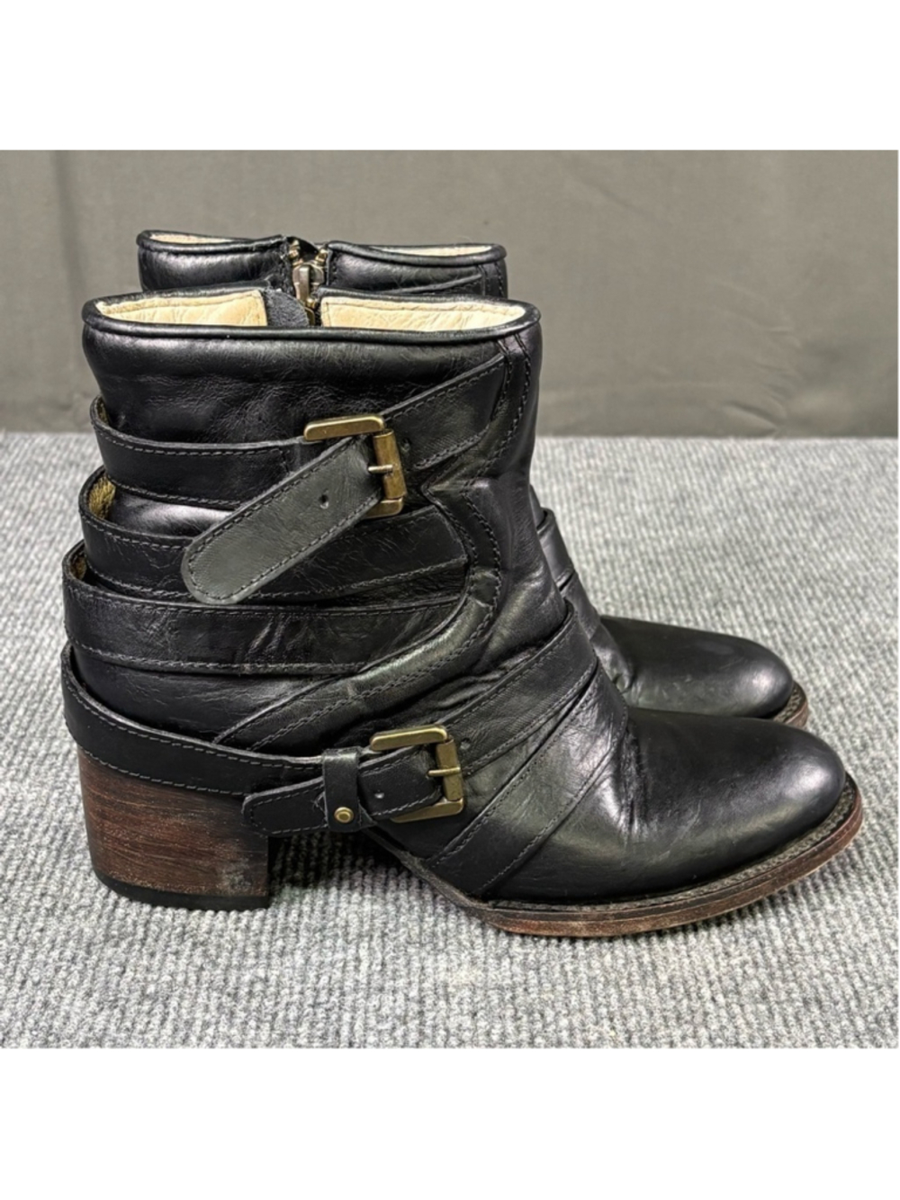 Freebird by Steven Estes Moto Harness Boots Women 7 Leather Buckle Ankle Black